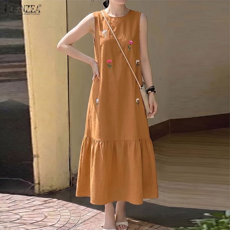 Sundress Midi Floral - 여성 캐주얼 O 넥 민소매 드레스