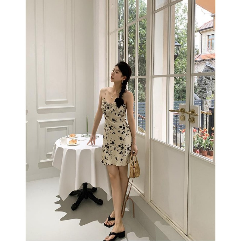 플로럴 프린트 스파게티 스트랩 미디 드레스 루치드 드로 - Sundress Midi Floral 리뷰 및 가격